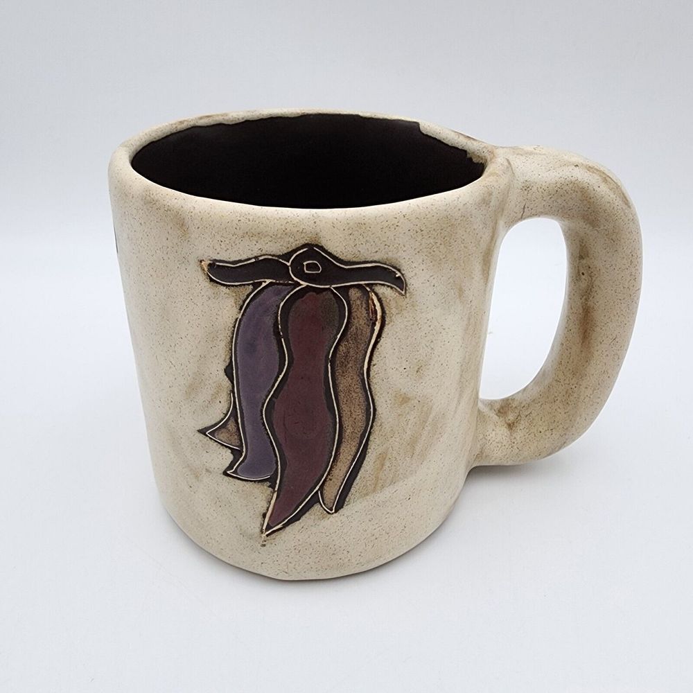 Mara Stoneware Pottery Handcraft Bird Feathers Purple Brown Coffee‎ Mug Mexico